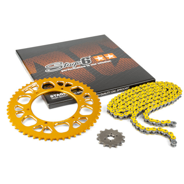 Kit cadena y corona aluminio CNC 14x53 420 Aprilia SX 50 Stage6 - Amarillo 