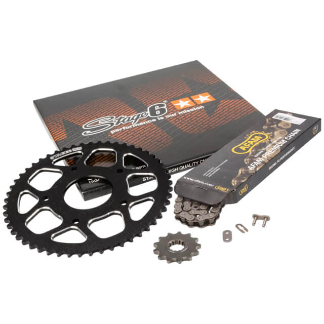 Kit cadena y corona aluminio CNC 13x53 420 Peugeot / Rieju 50 Stage6 - Negro