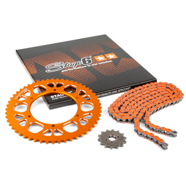 Kit cadena y corona aluminio CNC 14x53 420 Aprilia SX 50 Stage6 - Naranja 