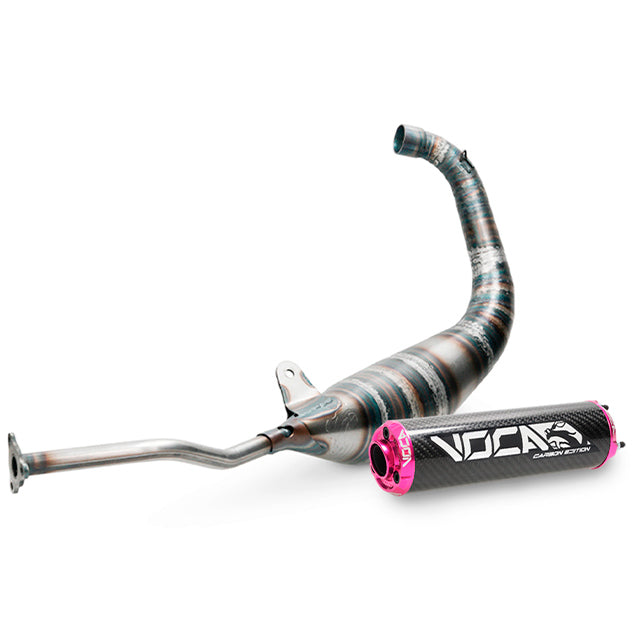 Escape Yamaha TZR >2003 / Aprilia RS 1999-2004 Racing Carbon 80cc Voca salida abajo - silenciador cazoleta rosa