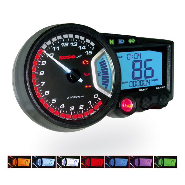 Marcador completo Koso RX2 - RPM/KM/VELOCIDAD/KM VIAJE - iluminación "multicolor" 2T/4T