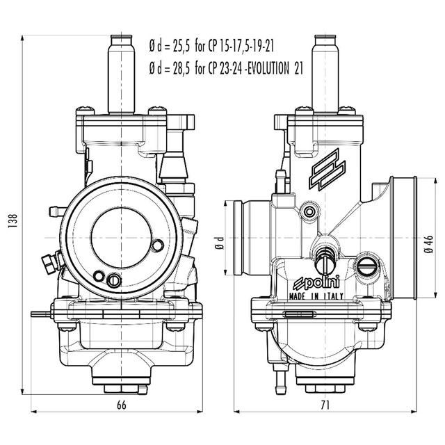Carburador POLINI, D.17.5mm,, choque de cable