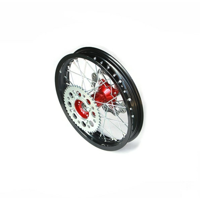 Llanta trasera aluminio 1.85x14" buje CNC con disco/corona Pitbike YCF >2021 - Negro/rojo