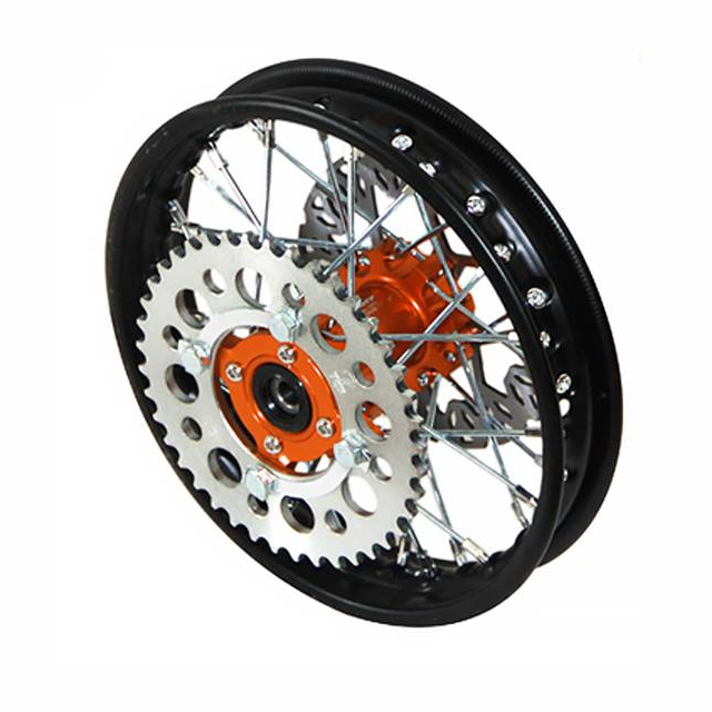 Llanta trasera aluminio completa 1.4x10" buje CNC Pitbike YCF 50 - Naranja/negro