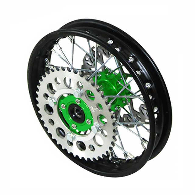 Llanta trasera aluminio completa 1.4x10" buje CNC Pitbike YCF 50 - Verde/negro