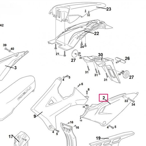 [0/R00.570.5301] Tapa trasera lateral izquierda Rieju 50 MRT 2022 - Rojo