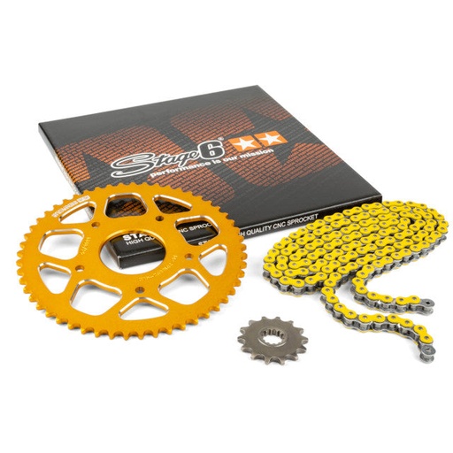 [S6-2118823/YE] Kit cadena y corona Peugeot / Rieju 50 aluminio CNC 13x53 420 Stage6 - Amarillo