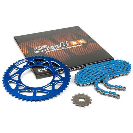 [S6-2118833/BL] Kit cadena y corona aluminio CNC 13x53 420 Rieju MRT 50 Stage6 - Azul