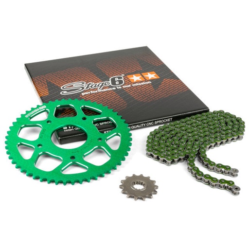 [S6-2118823/GR] Kit cadena y corona aluminio CNC 13x53 420 Peugeot / Rieju 50 Stage6 - Verde 