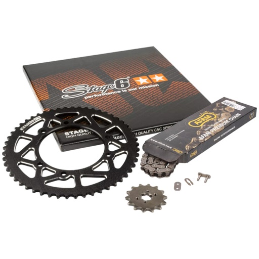 [S6-2119324/BK] Kit cadena y corona aluminio CNC 14x53 420 Derbi Senda X -Treme Stage6 - Negro 