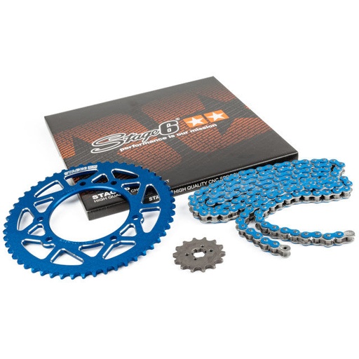 [S6-2119324/BL] Kit cadena y corona aluminio CNC 14x53 420 Derbi Senda X -Treme Stage6 - Azul 