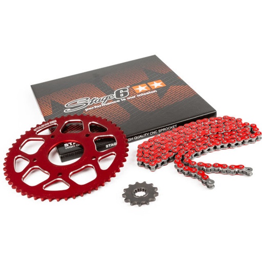 [S6-2118823/RE] Kit cadena y corona aluminio CNC 13x53 420 Peugeot / Rieju 50 Stage6 - Rojo 