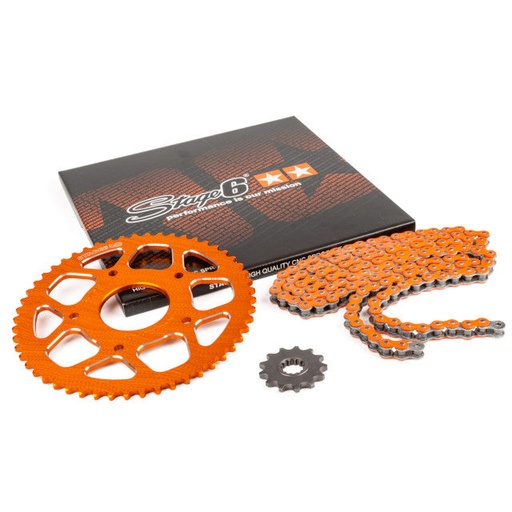 [S6-2118824/OR] Kit cadena y corona aluminio CNC 14x53 420 Peugeot / Rieju 50 Stage6 - Naranja 