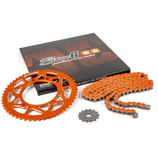 [S6-2119314/OR] Kit cadena y corona aluminio CNC 14x53 420 Derbi Drd Pro Stage6 - Naranja 