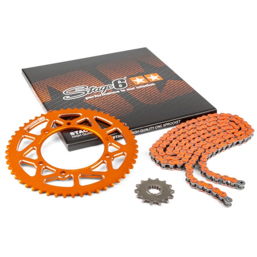 [S6-2118834/OR] Kit cadena y corona aluminio CNC 14x53 420 Rieju MRT 50 Stage6 - Naranja 
