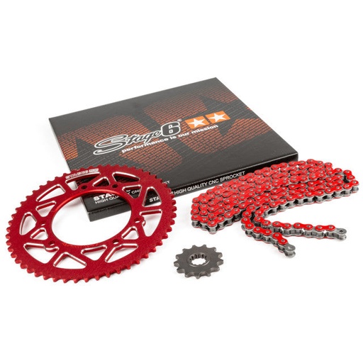 [S6-2118834/RE] Kit cadena y corona aluminio CNC 14x53 420 Rieju MRT 50 Stage6 - Rojo 