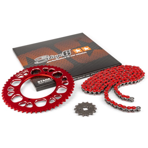 [S6-2119334/RE] Kit cadena y corona aluminio CNC 14x53 420 Aprilia SX 50 Stage6 - Rojo 