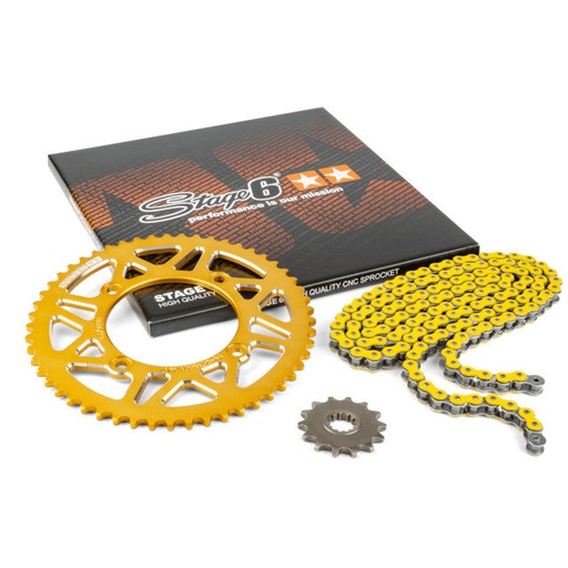 [S6-2118814/YE] Kit cadena y corona aluminio CNC 14x53 420 Beta RR 50 Stage6 - Amarillo 