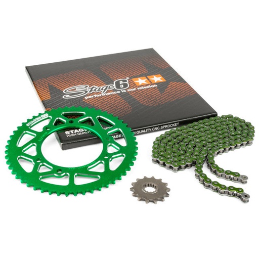 [S6-2118834/GR] Kit cadena y corona aluminio CNC 14x53 420 Rieju MRT 50 Stage6 - Verde 