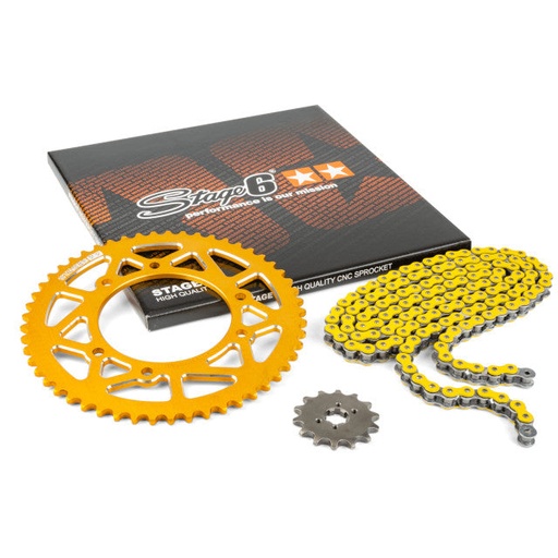 [S6-2119314/YE] Kit cadena y corona aluminio CNC 14x53 420 Derbi Drd Pro Stage6 - Amarillo 