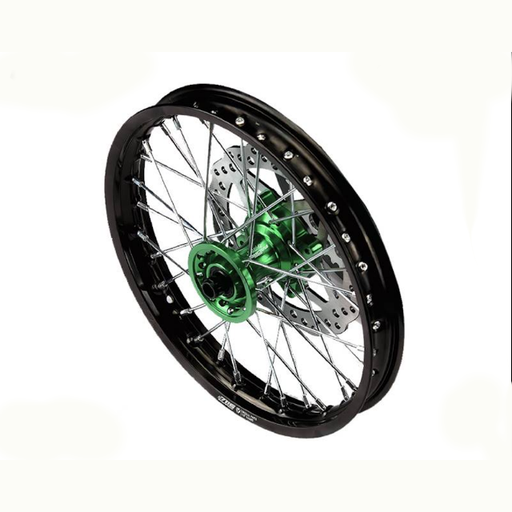 [YC110-06012GR] Llanta delantera aluminio completa 1.4x12" buje CNC Pitbike YCF - Verde/negro