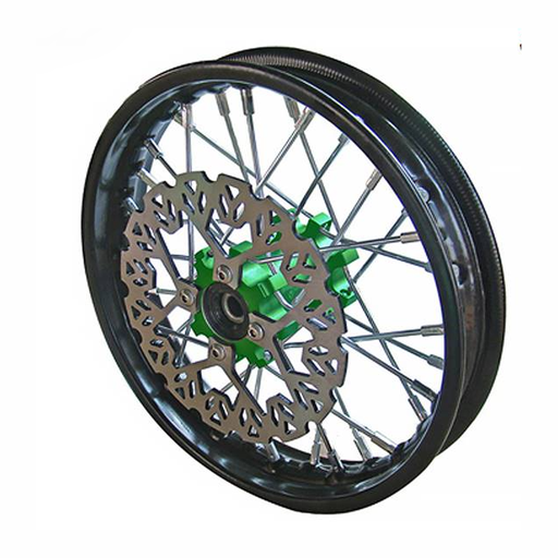 [YC50-0611-01-GR] Llanta delantera aluminio completa 1.4x10" buje CNC Pitbike YCF 50 - Verde/negro